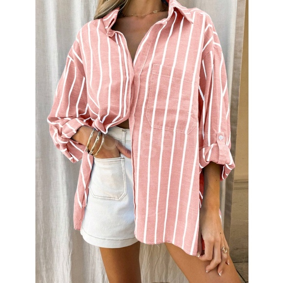 Redwood Pink Shirt White Stripes Button Down Long Sleeve - Picture 4 of 5